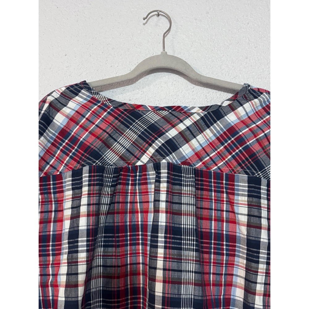 Catherines Womens 3X Plaid Henley Blouse Red Blue 3/4 Roll Tab Sleeve Top - Picture 9 of 11